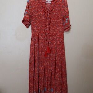 Floral Red Dress with Ruffle Details